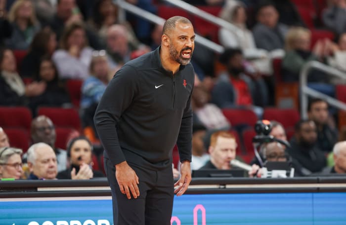 Houston Rockets' Ime Udoka coaching during a pre-season game against the Pacers.